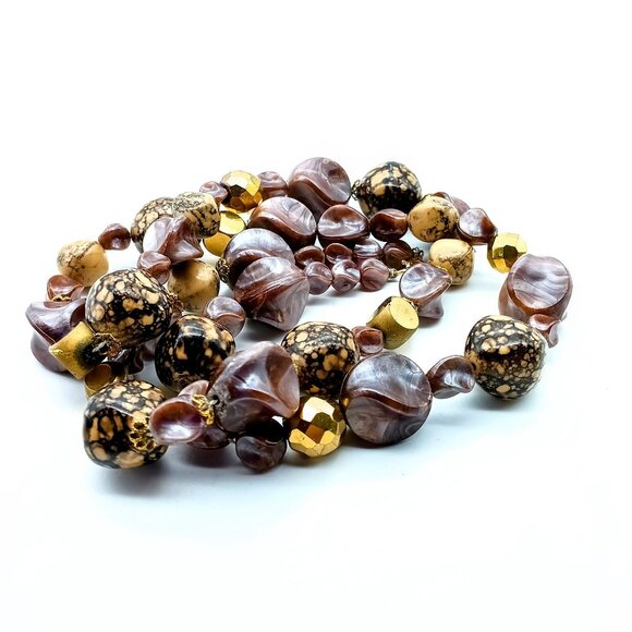 Brown and Gold Tones Necklace, Vintage Lucite Beaded Strand Some with a Stone - Picture 3 of 3